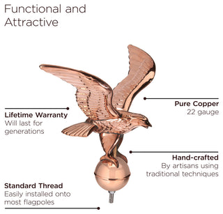 Pure Copper Eagle With Ball Flagpole Topper, 16" Wingspan, by Good Directions