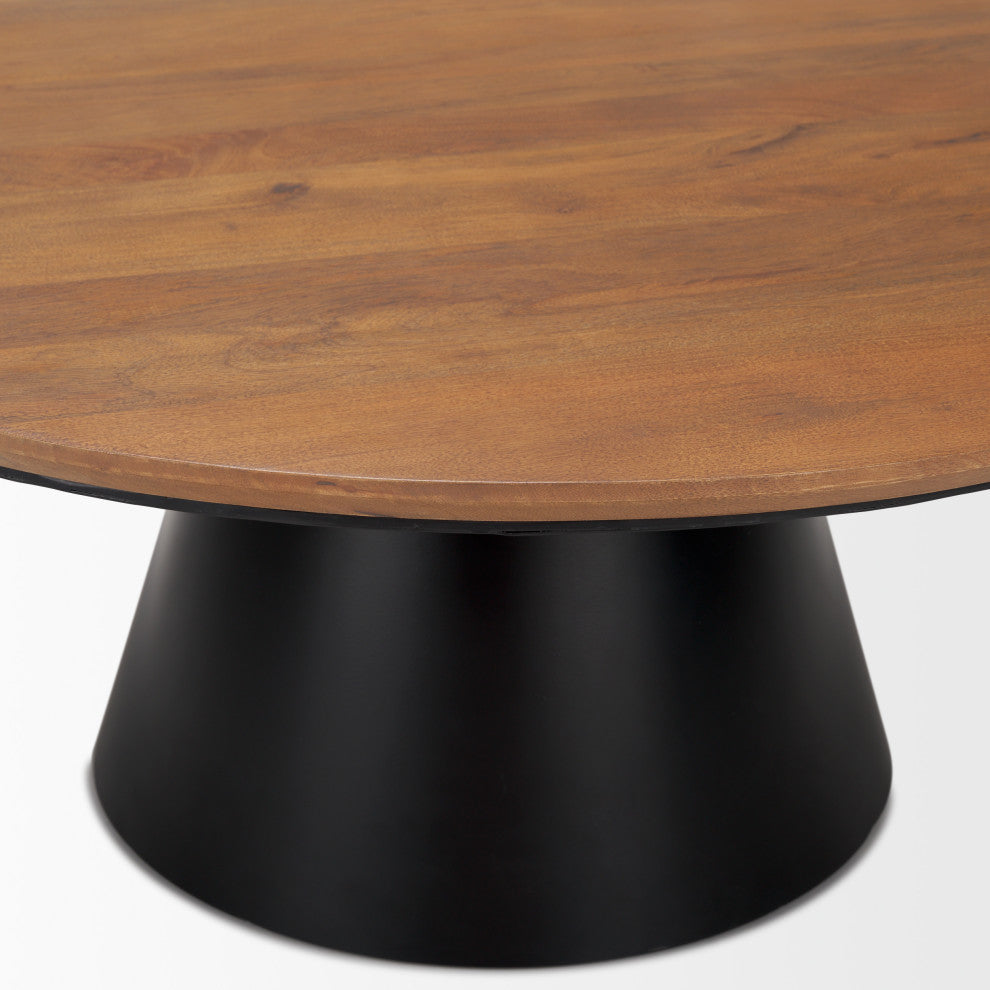 Mitchell Black Metal Pedestal Base With Brown Wood Top Coffee Table