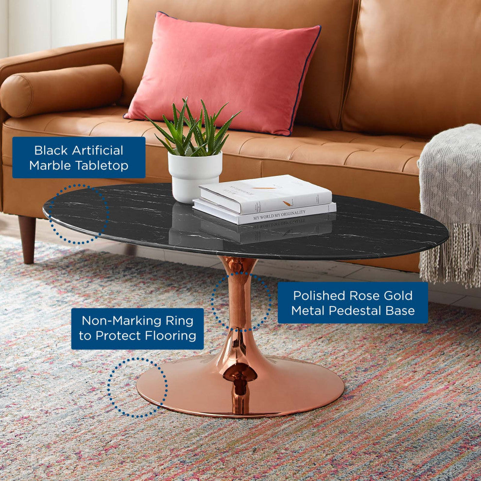 Coffee Table, Oval, Artificial Marble, Metal, Rose Gold Black, Modern, Lounge