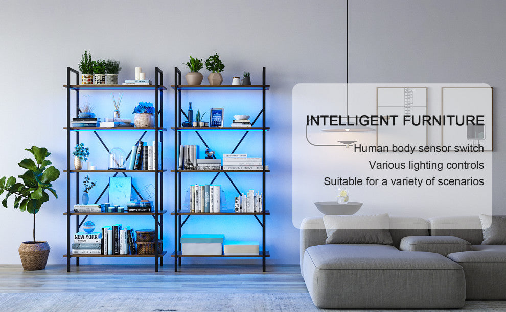 Multifunctional Smart Industrial 5-Shelf Bookcase W/ Tricolor Dimming LED Light,