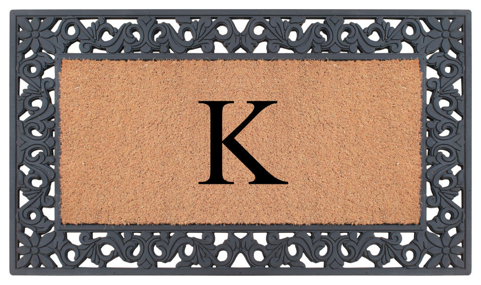 A1HC Rubber & Coir Floral Outdoor Durable Monogram Doormat 18"x30", Black, K