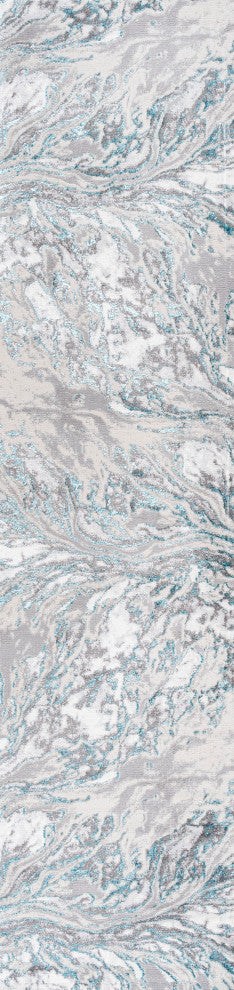 Swirl Marbled Abstract Area Rug, Gray/Turquoise, 2'x10'