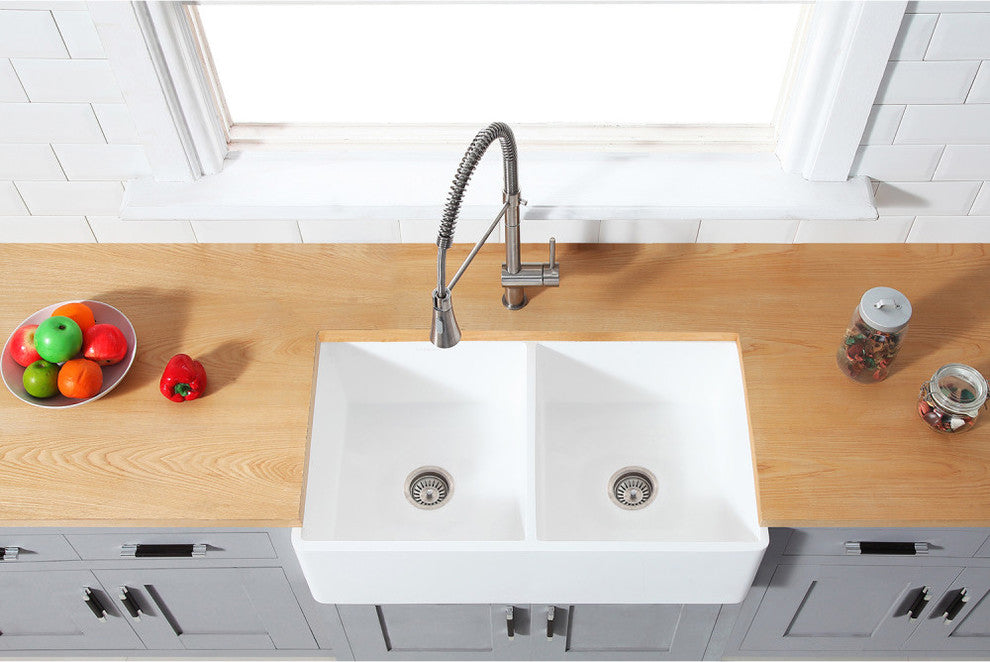 Gourmetier Double Bowl Farmhouse Kitchen Sink, Matte White