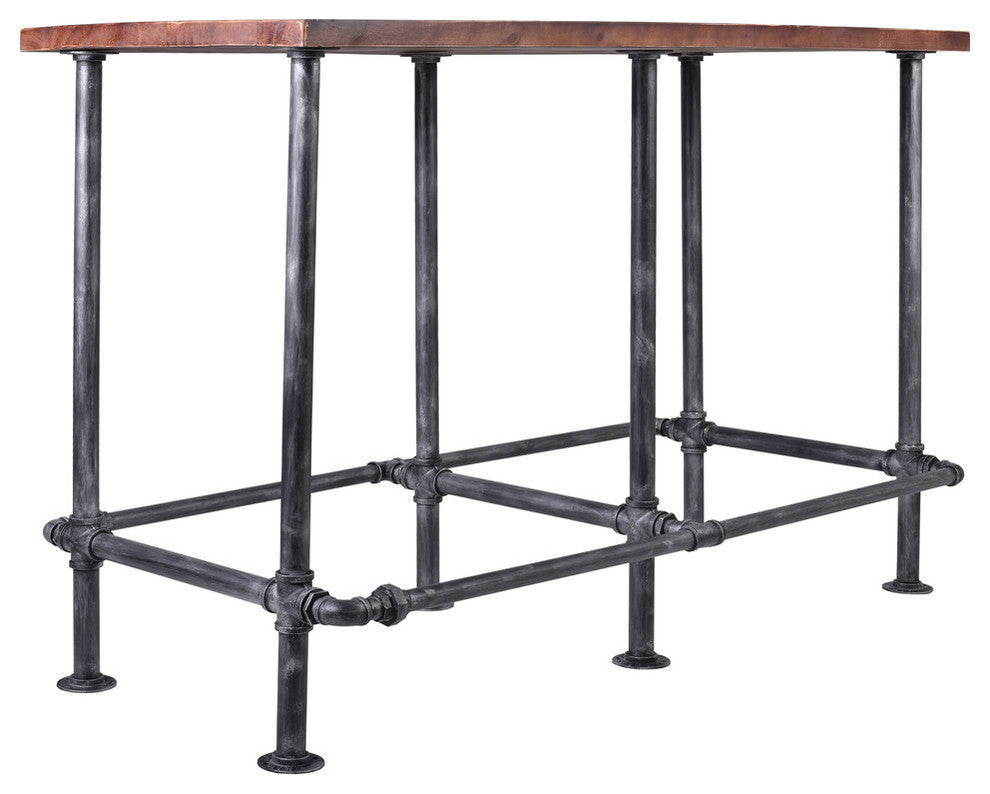 Oxford Industrial Metal Bar Table, Silver Brushed Gray, Rustic Pine Top