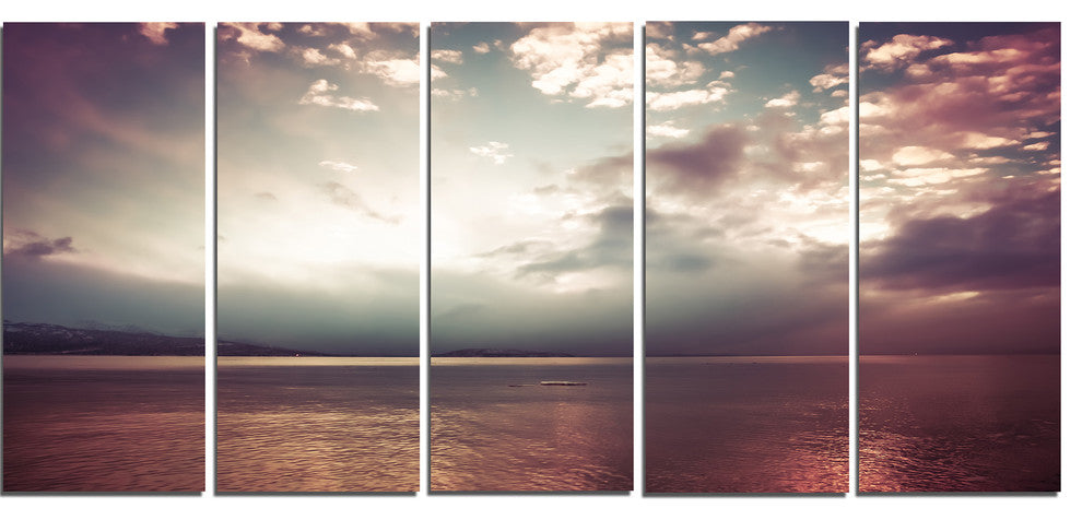 Dark Sunset with Dramatic Sky, Large Seashore Canvas Print, 60"x28", 5 Panels