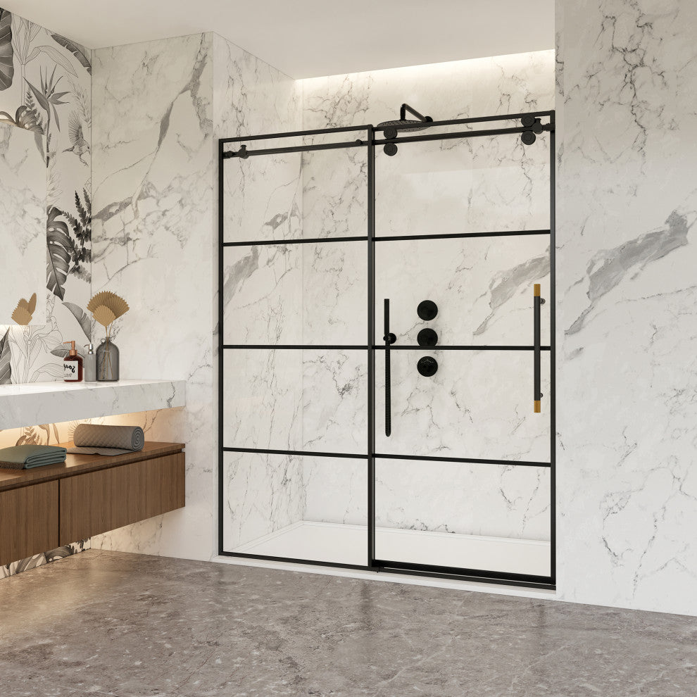 Losar Single Sliding Framed Shower Door, Matte Black, 64" W X 78"h
