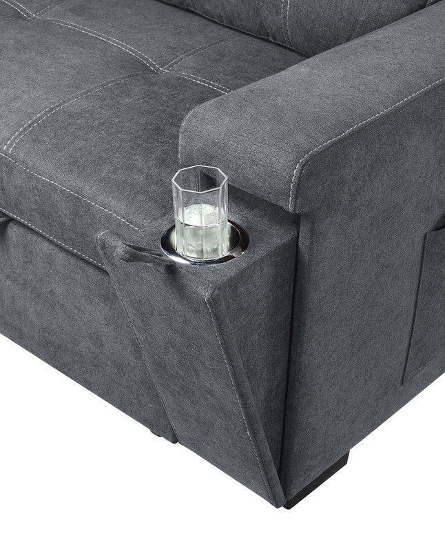 Toby Woven Fabric Reversible Sleeper Sectional With Storage, Cupholder, Gray