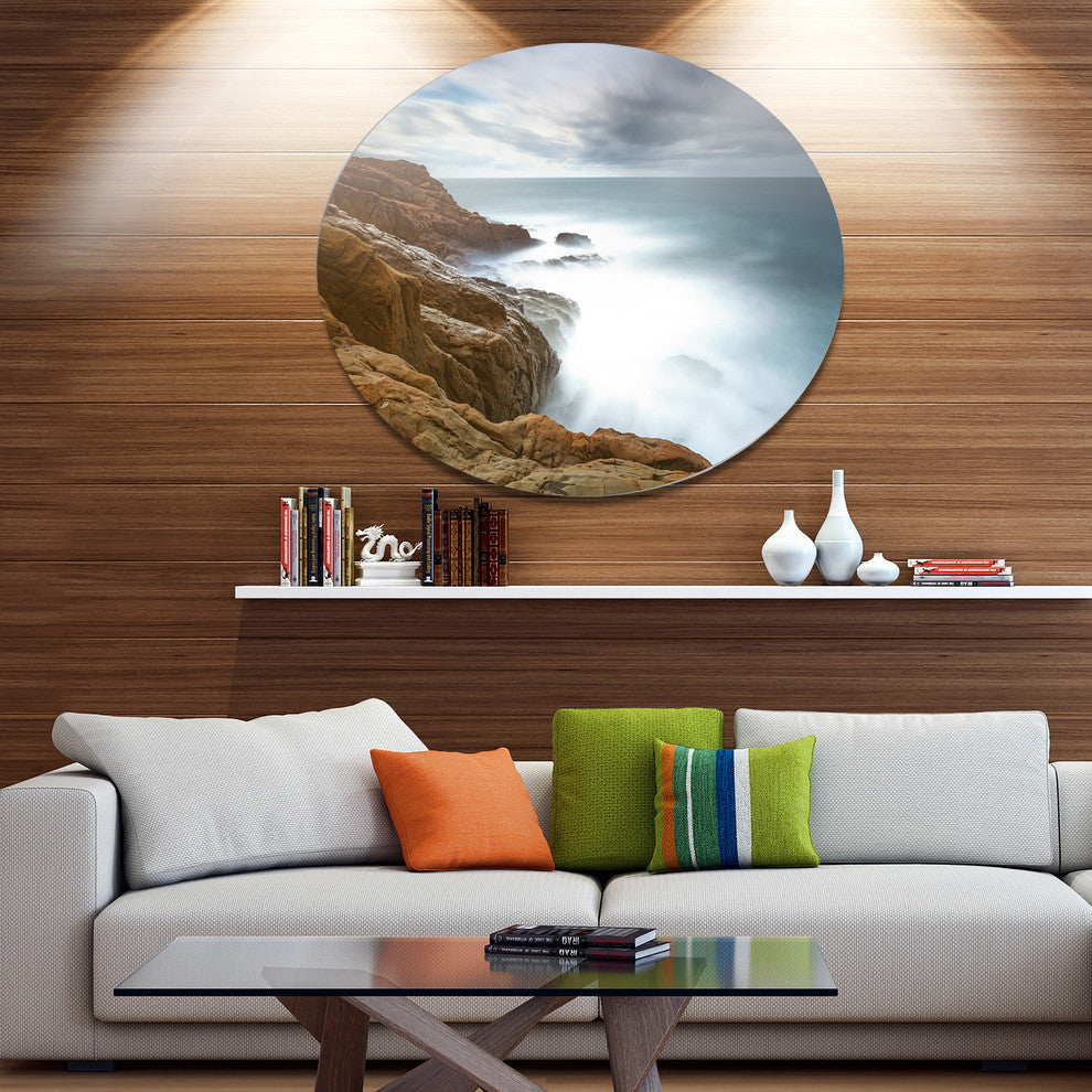 Dark Red Rocks And Foam Waves, Seashore Disc Metal Wall Art, 36"