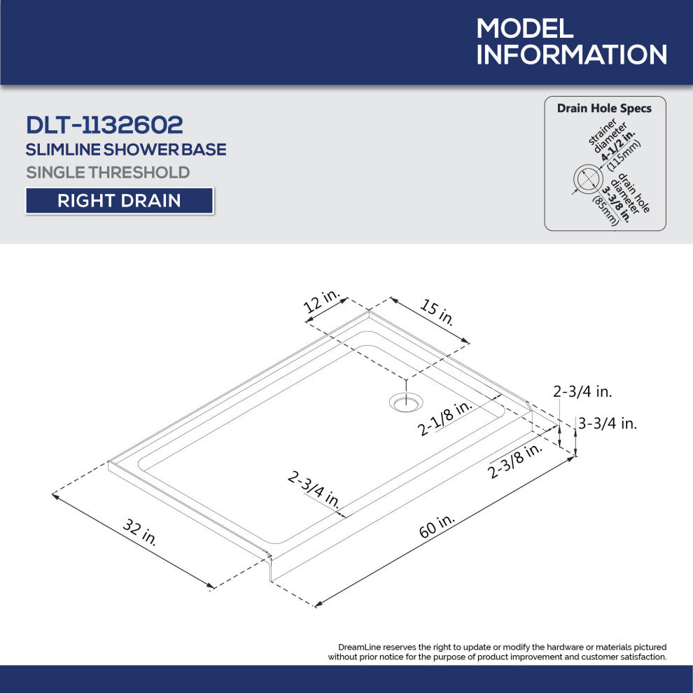 DreamLine SlimLine 32"x60" Base, Right Hand Drain and Shower Backwall Kit