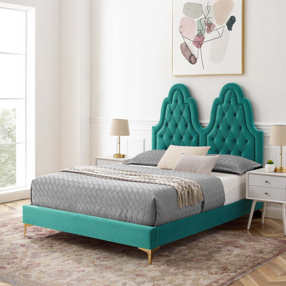 Tufted Platform Bed Frame, Full Size, Velvet, Teal Blue, Modern Contemporary