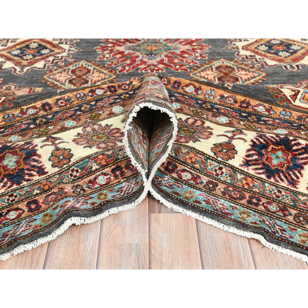 Stone Gray, Extra Soft Wool, Hand Knotted Afghan Super Kazak Rug, 10'3"x13'10"