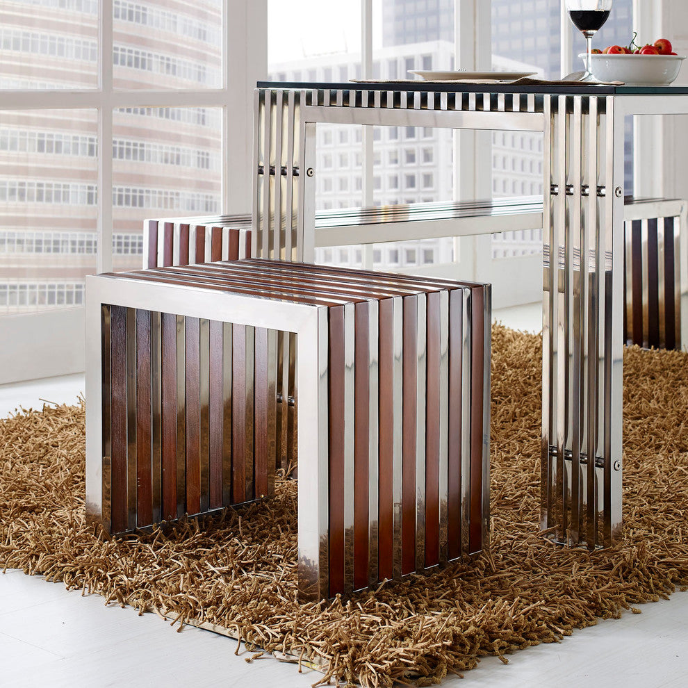 Modern Contemporary Wood Bench, Walnut Metal