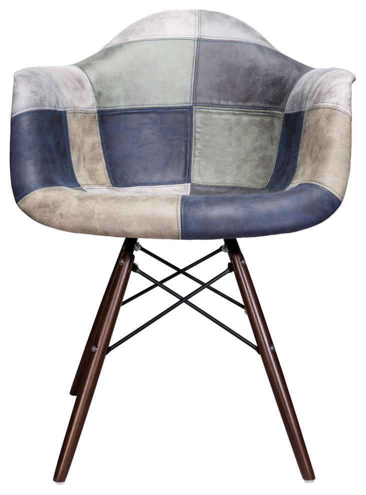 Patch Leatherette Fabric Upholstered DAW Arm Chair, Dark Walnut Leg, Blue/Gray