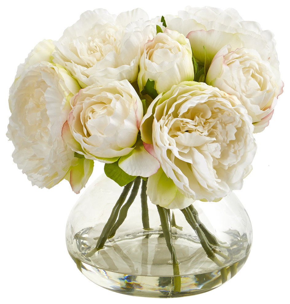 Nearly Natural Peony Artificial Arrangement in Vase White