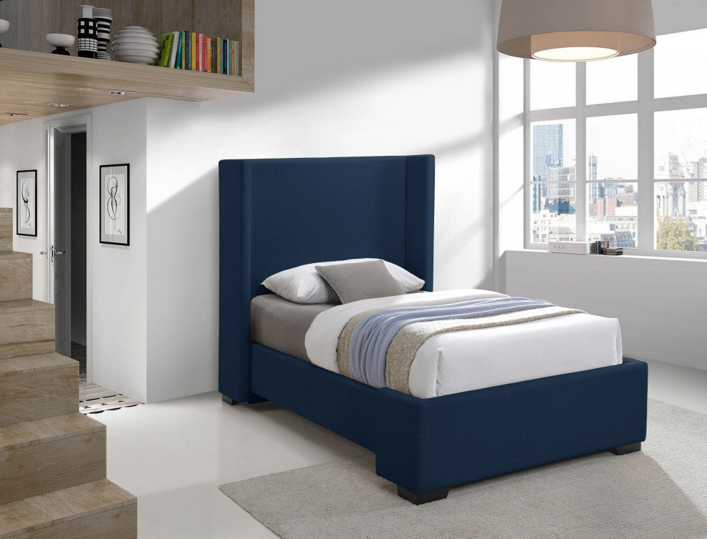 Oxford Linen Textured Fabric Upholstered Bed, Navy, Twin