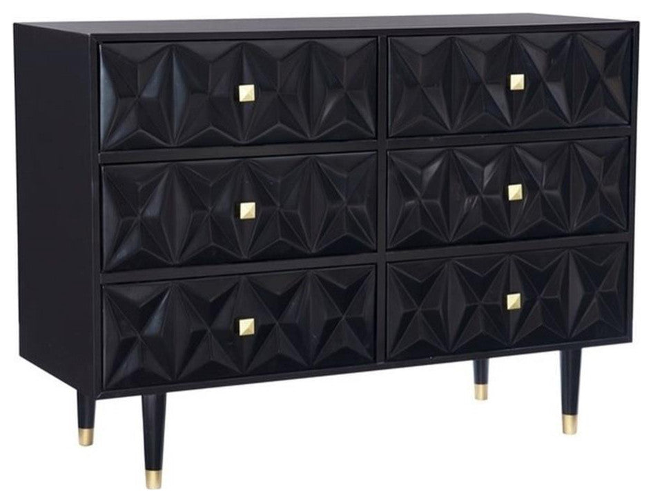 Linon Alick Wood Geo Texture 6 Drawer Dresser Gold Hardware in Glossy Black