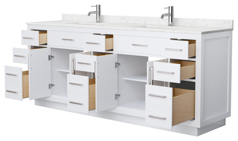 Beckett TK 84" Double Vanity, Cultured Top, Nickel Trim