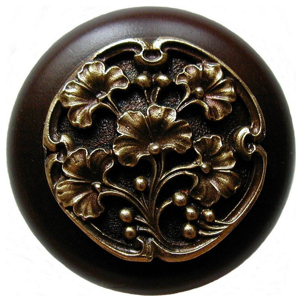 Ginkgo-Berry Walnut Wood Knob, Antique-Style Brass