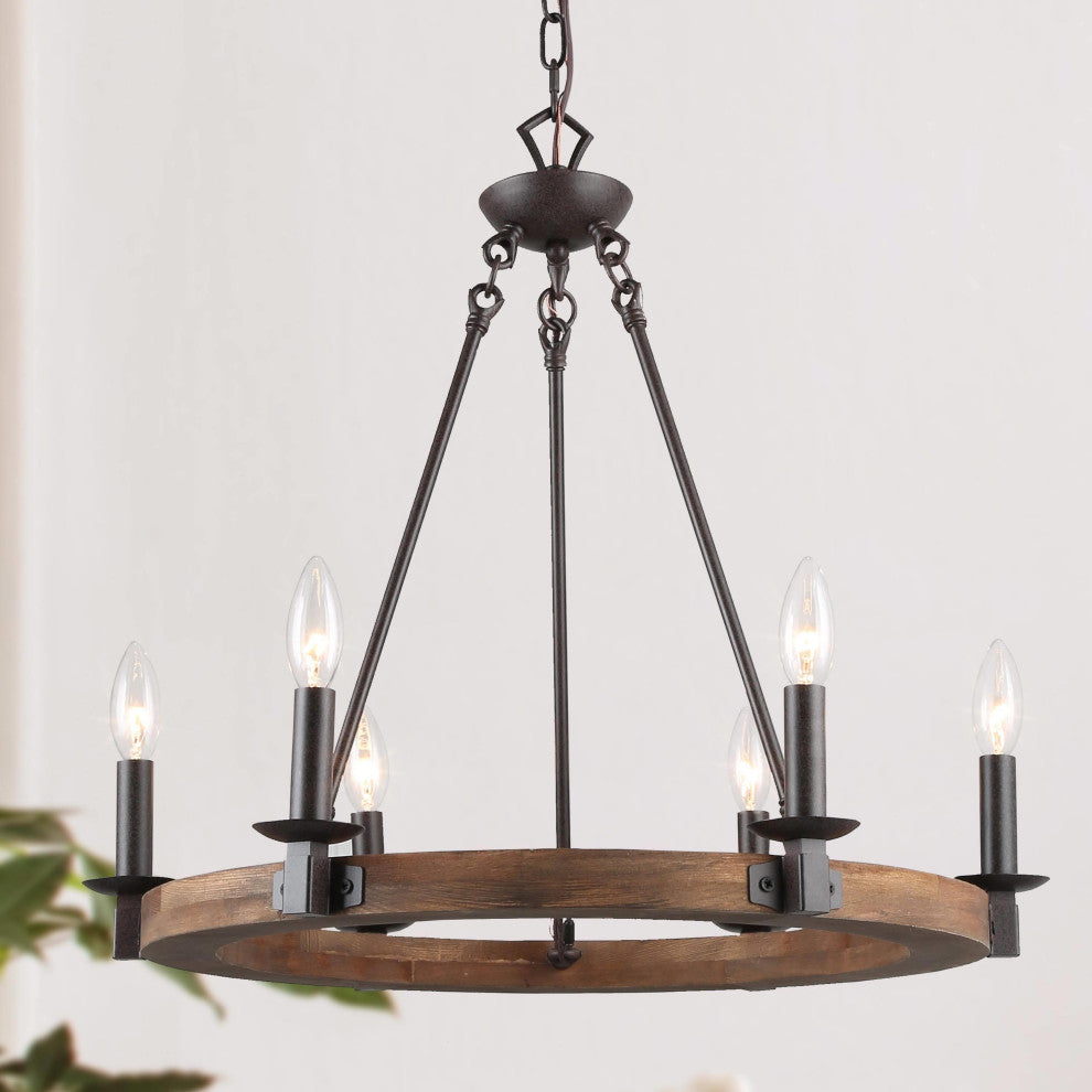 LNC 6-Light Farmhouse Distressed Wood Candle-Style Wagon Wheel Chandelier
