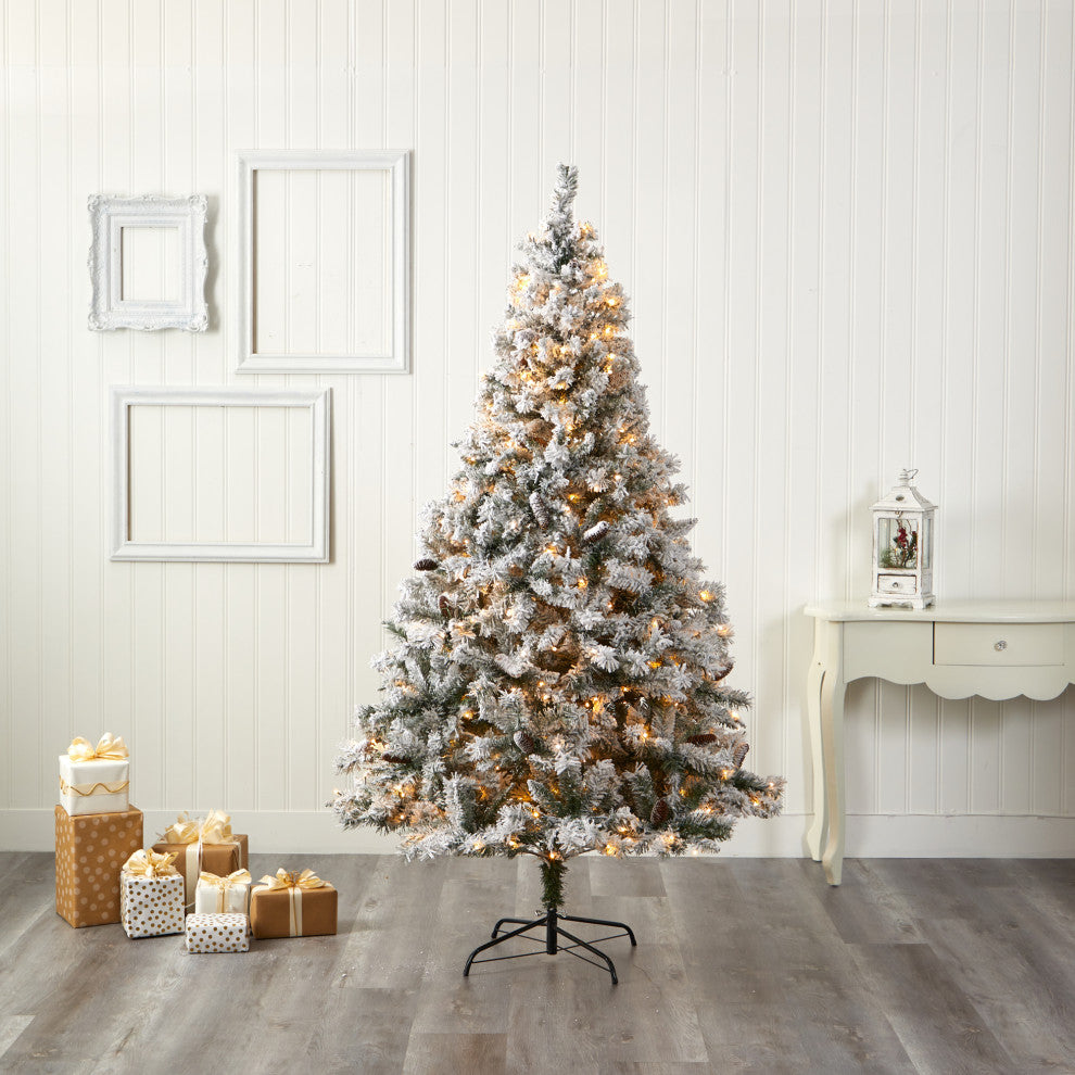 7' Flocked White River Mountain Pine Christmas Tree / Pinecones / 350 LED Lights