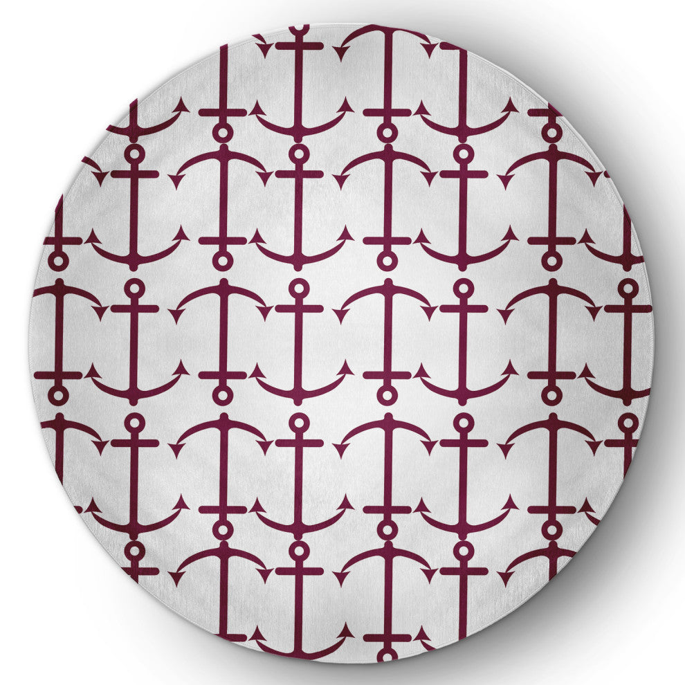 Anchor Pattern Nautical & Coastal Chenille Area Rug, Maroon Red, 5' Round