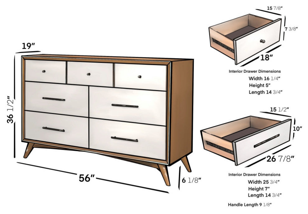 Flynn Mid Century Modern 7 Drawer Dresser, Acorn/White