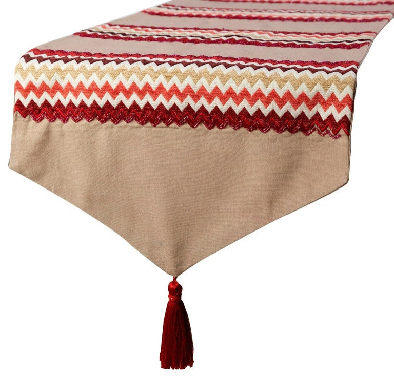 Table Runner Red Linen Silk 14"x64" Tassels Beaded Applique, Chevron Bar