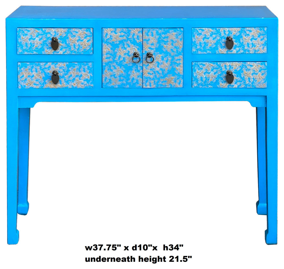 Bright Blue Lacquer Golden Flower Graphic Drawers Slim Foyer Side Table Hcs7146