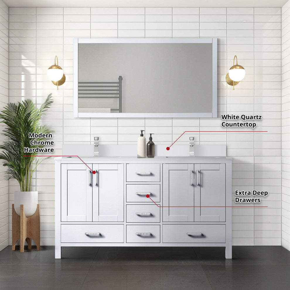 Jacques 60" White Double Sink Vanity with Quartz Top, No Mirror