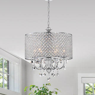 5-Light Chrome Round Beaded Drum Chandelier With Hanging Crystals
