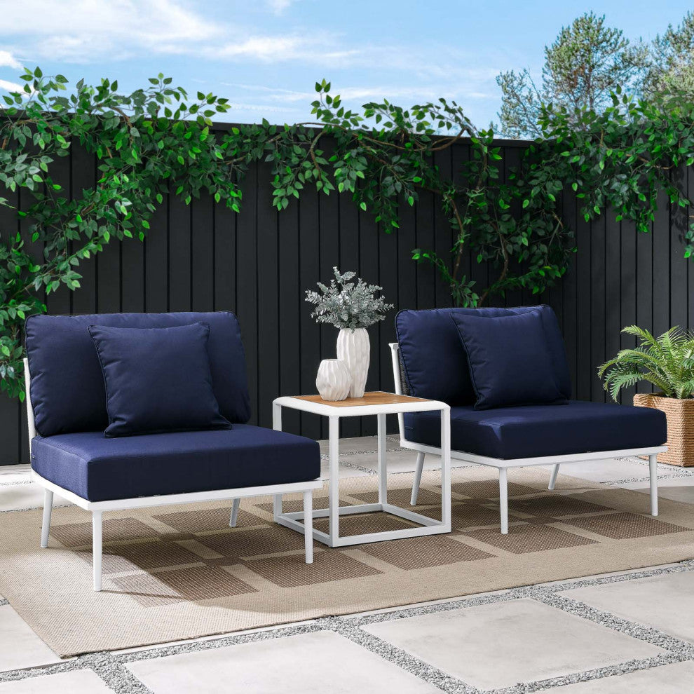 Lounge Chair Table Set, Navy White, Aluminum, Modern, Outdoor Patio Hospitality