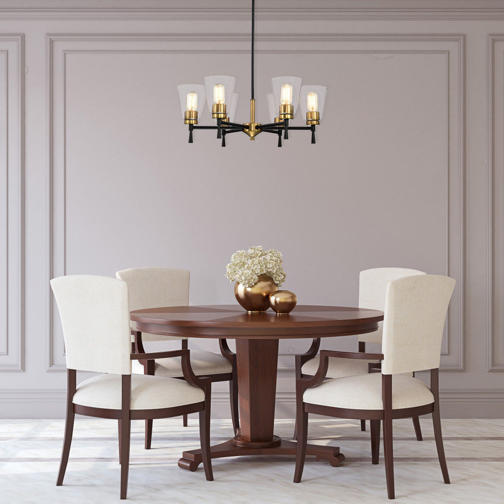 6-Light Black and Antique Brass Chandelier With Clear Cone Glass Shades