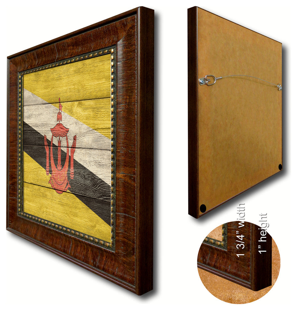 Brunei Darussalam Country Textured Flag Print With Brown Gold Frame, 15"X21"
