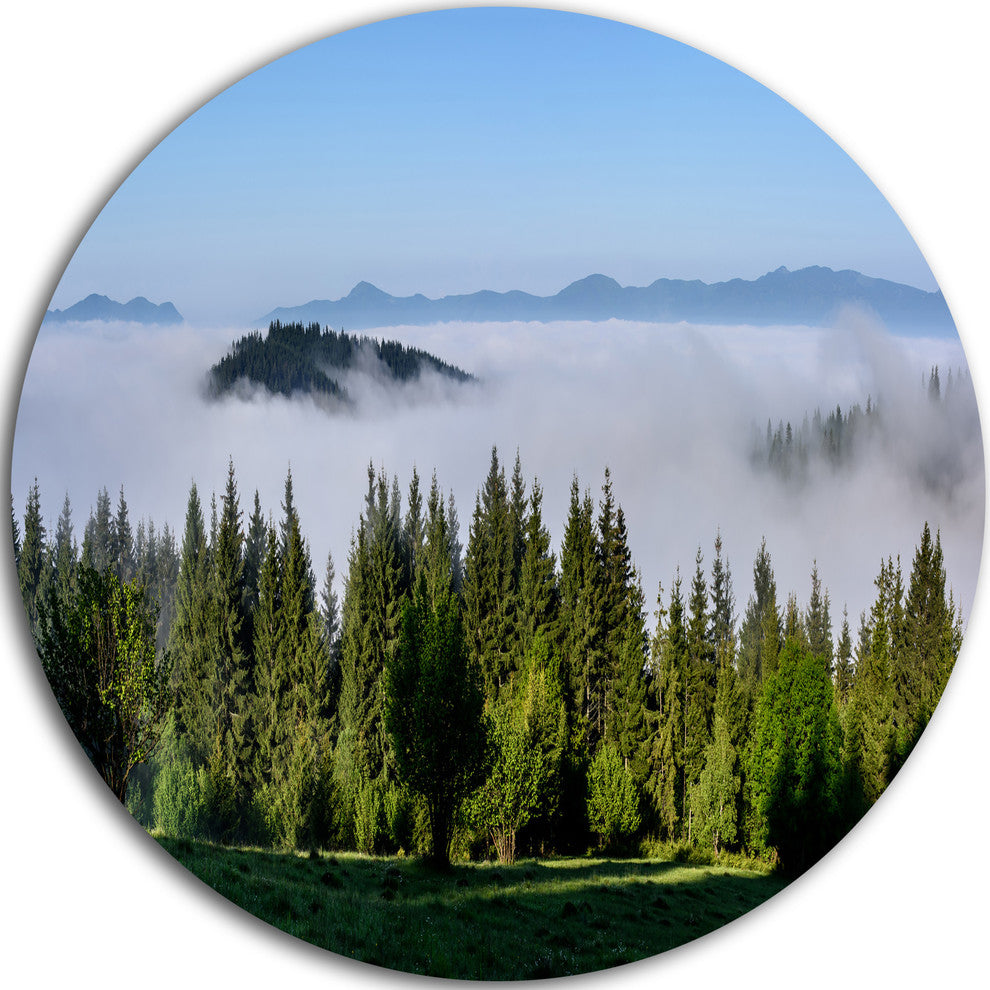 Green Trees And Fog Over Mountains, Landscape Round Metal Wall Art, 36"