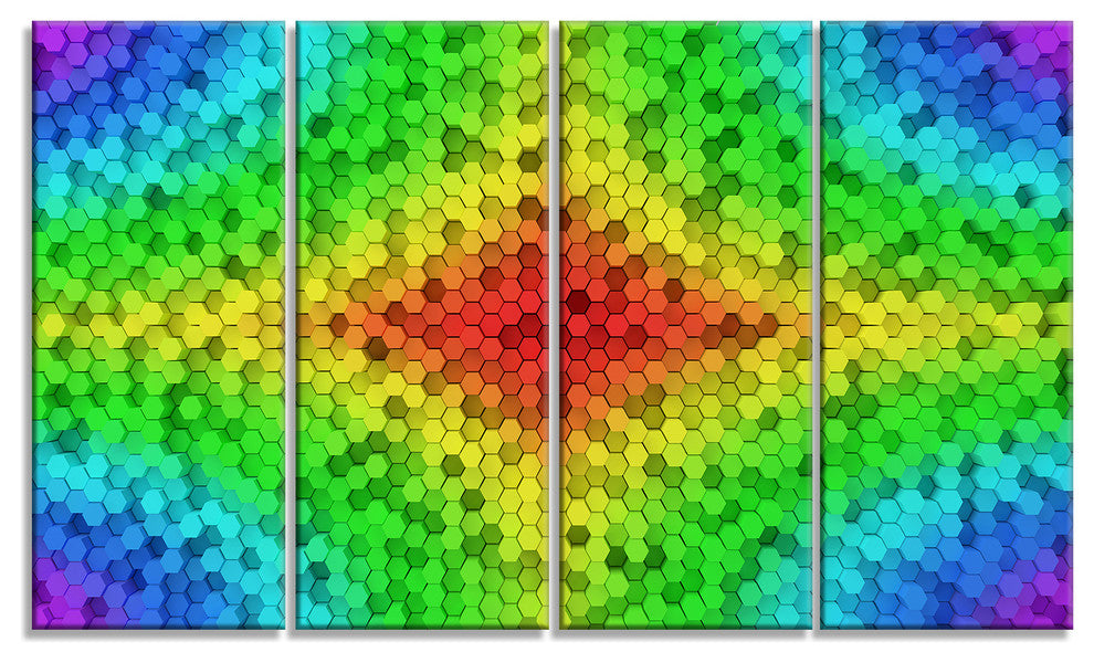 Colorful Elevated Hexagon Columns, Abstract Art on Canvas, 48"x28", 4 Panels