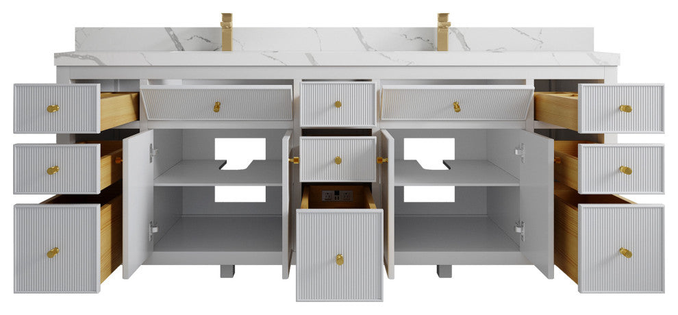 Sonoma 84 Double Sink Reeded Bath Vanity in White 2" Calacatta Laza