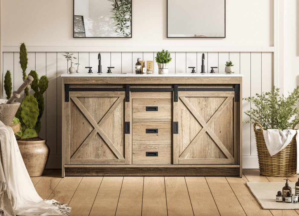 Home Living 60" Double Bathroom Vanity, Natural Oak