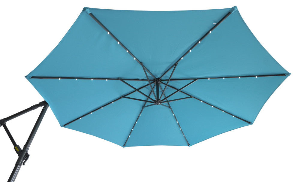 10' Steel Patio Hanging Cantilever Umbrella With 32 Solar LED Lights, Blue