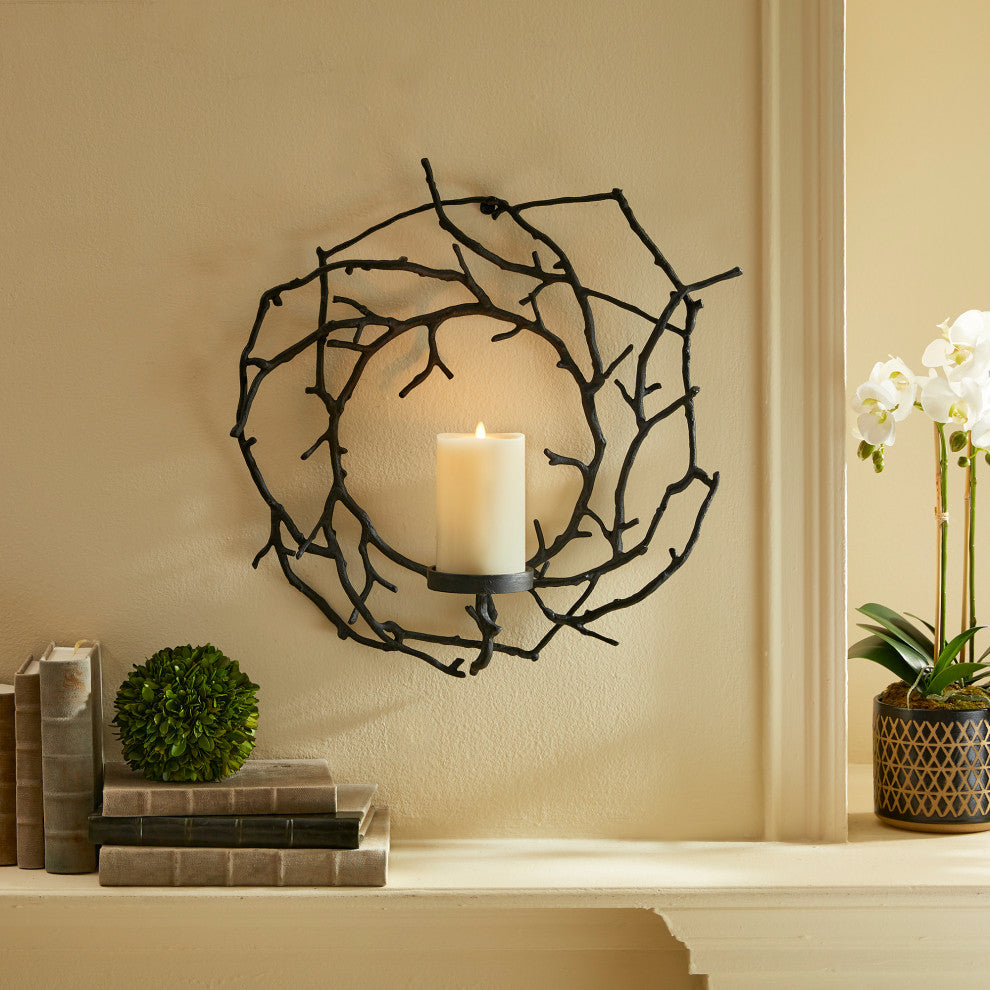 Elegant Black Metal Branch Wreath Candle Sconce Pillar Holder Twig Open Organic
