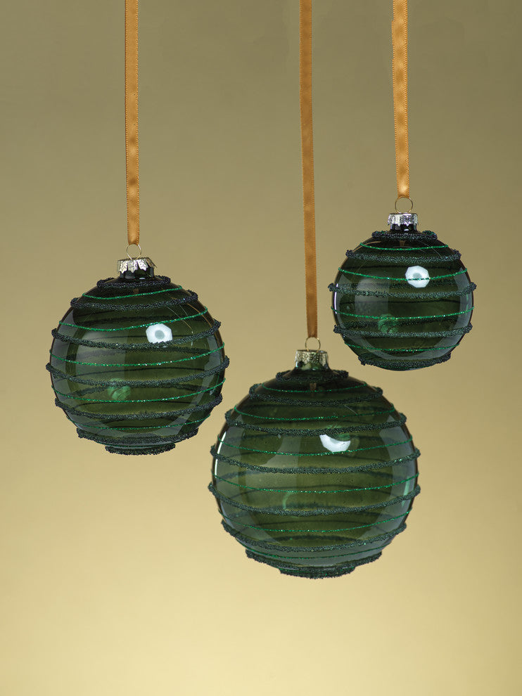 Striped Green Christmas Ball Ornaments, Set of 6, 3"