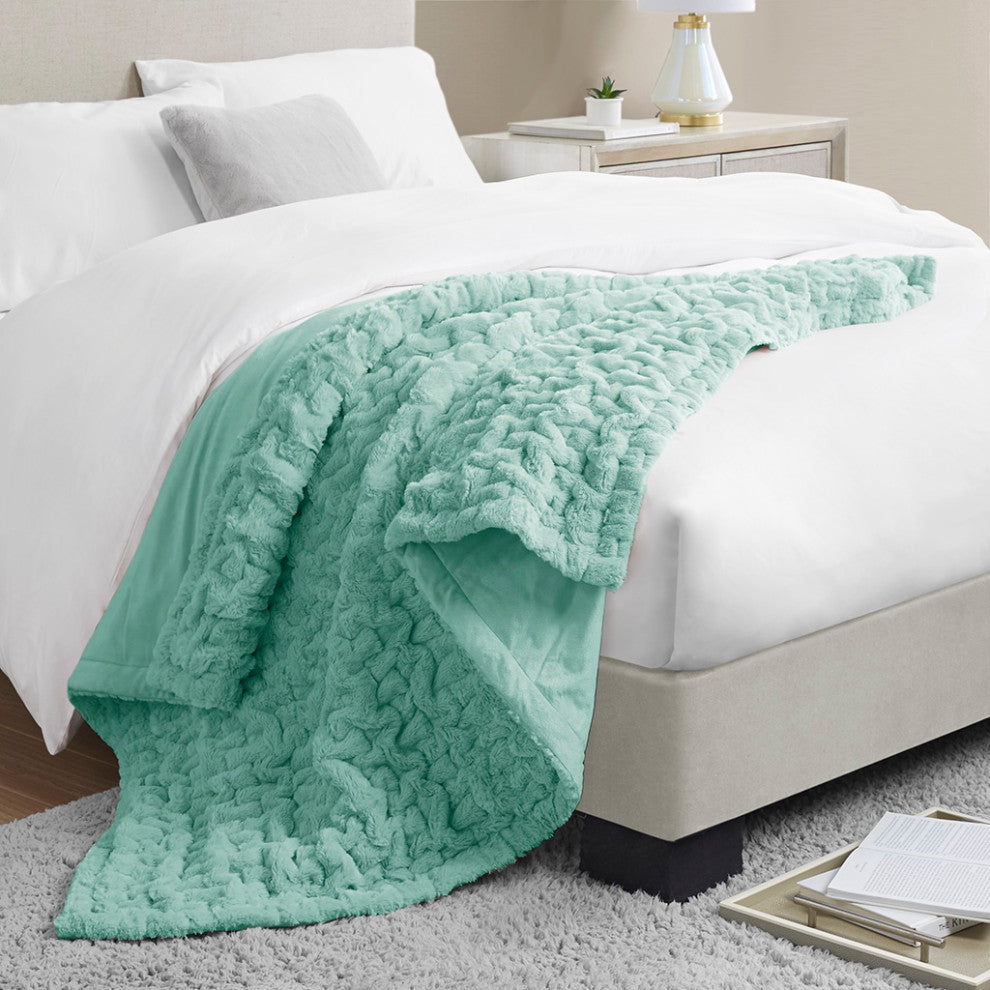 Madison Park Ruched Fur Throw, Aqua
