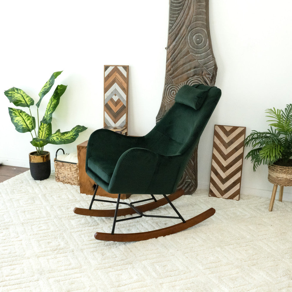 Rumi Mid-Century Modern Indoor Nursery Rocking Chair, Dark Green