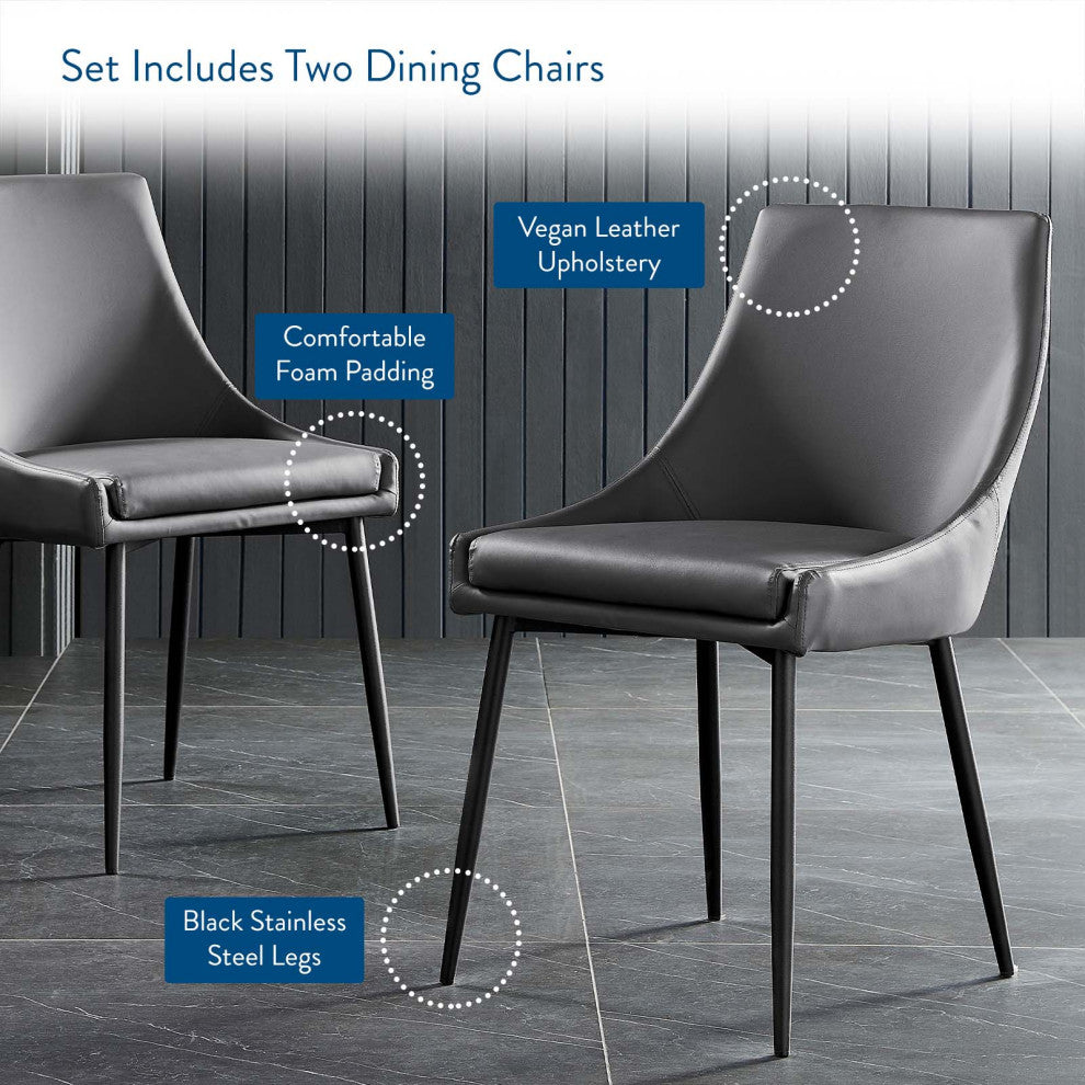 Side Dining Chair, Set of 2, Faux Vegan Leather, Black Gray, Modern, Bistro