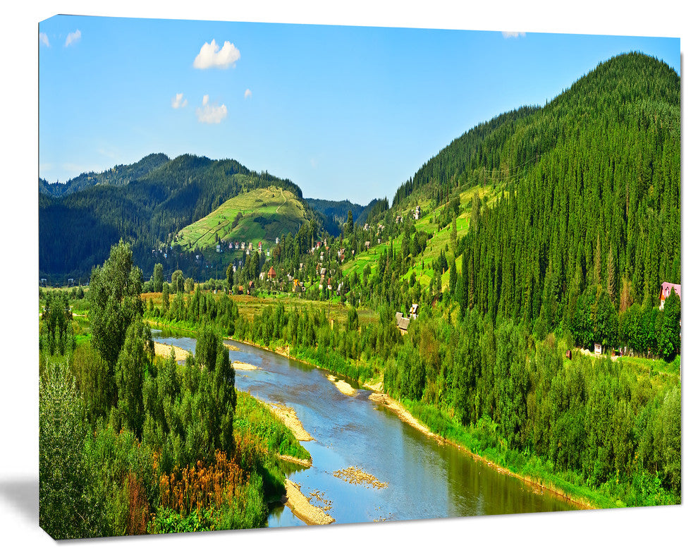 Green Mountains and River, Landscape Canvas Art Print, 20"x12"