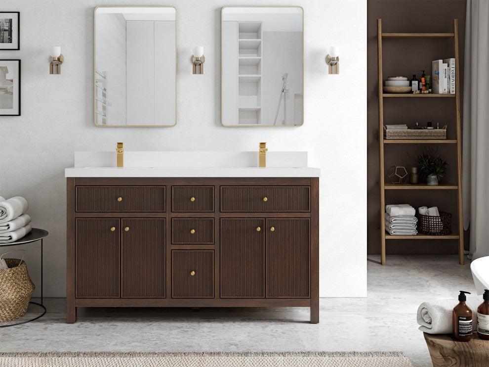 Sonoma Teak 60" Double Vanity, Dark Walnut With 2" White Quartz