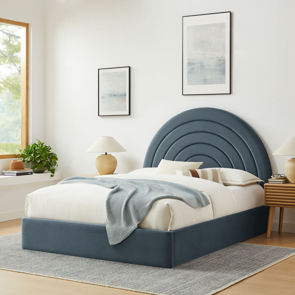 Solana Arched Performance Velvet King Platform Bed, Cadet Blue