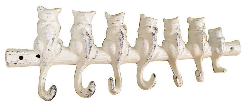 Whitewashed Cast Iron Cat Wall Hooks 13"