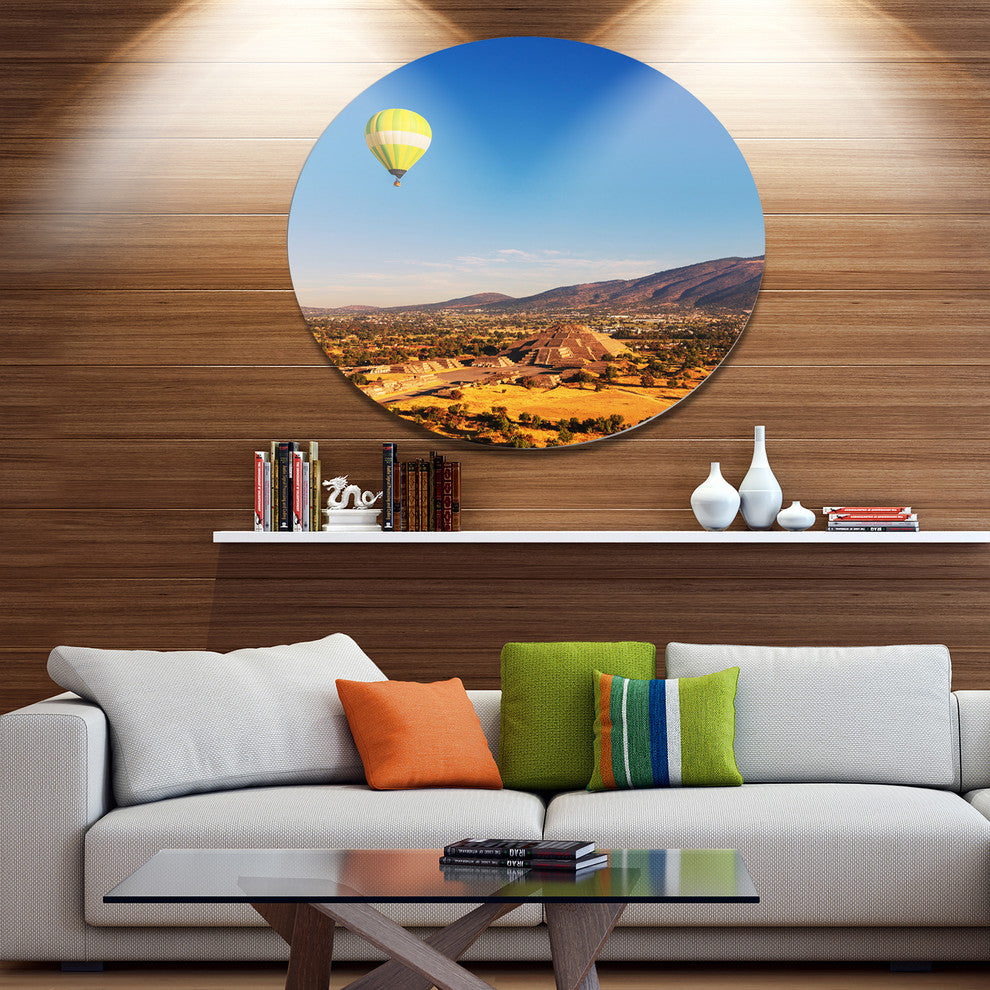 Yellow Balloon Over Mountains, Landscape Round Wall Art, 11"