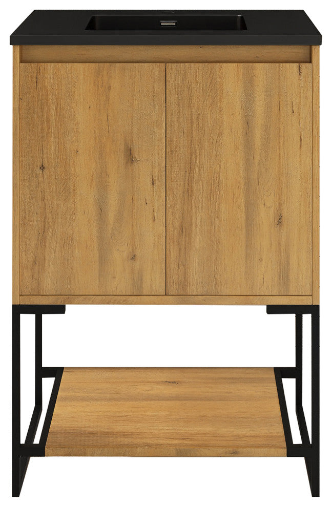 24" Freestanding Bath Vanity, Black Quartz Top, Oak