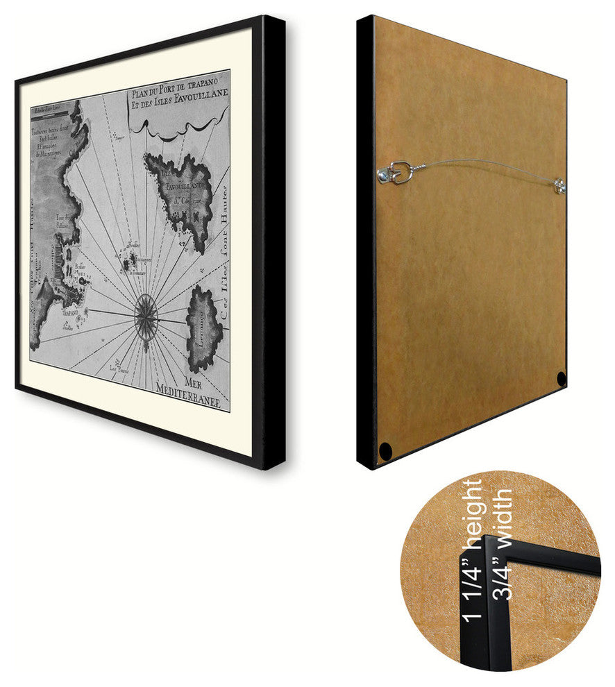 Sicily West Aegadian Islands Map Print On Canvas With Black Frame, 28" X 37"